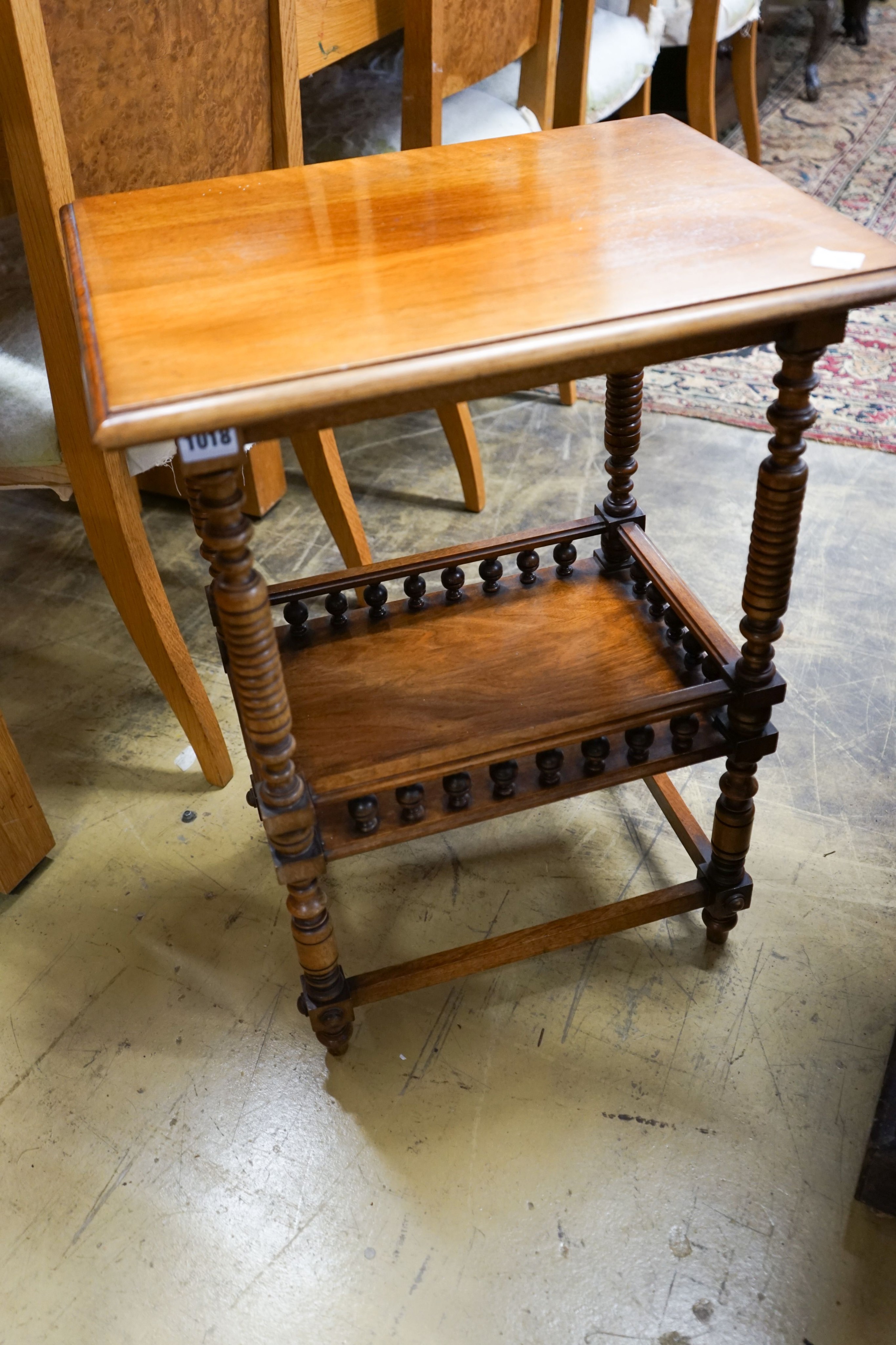 An Edwardian walnut two tier occasional table and a rectangular rosewood tea table, larger width 48cm, depth 36cm, height 69cm
